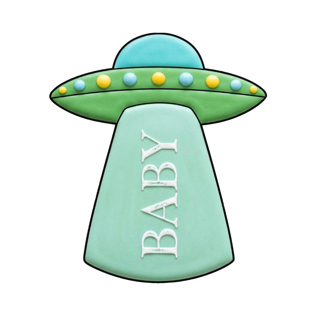 Green and aqua UFO plaque cookie with colorful lights and the word BABY inside a soft beam shape