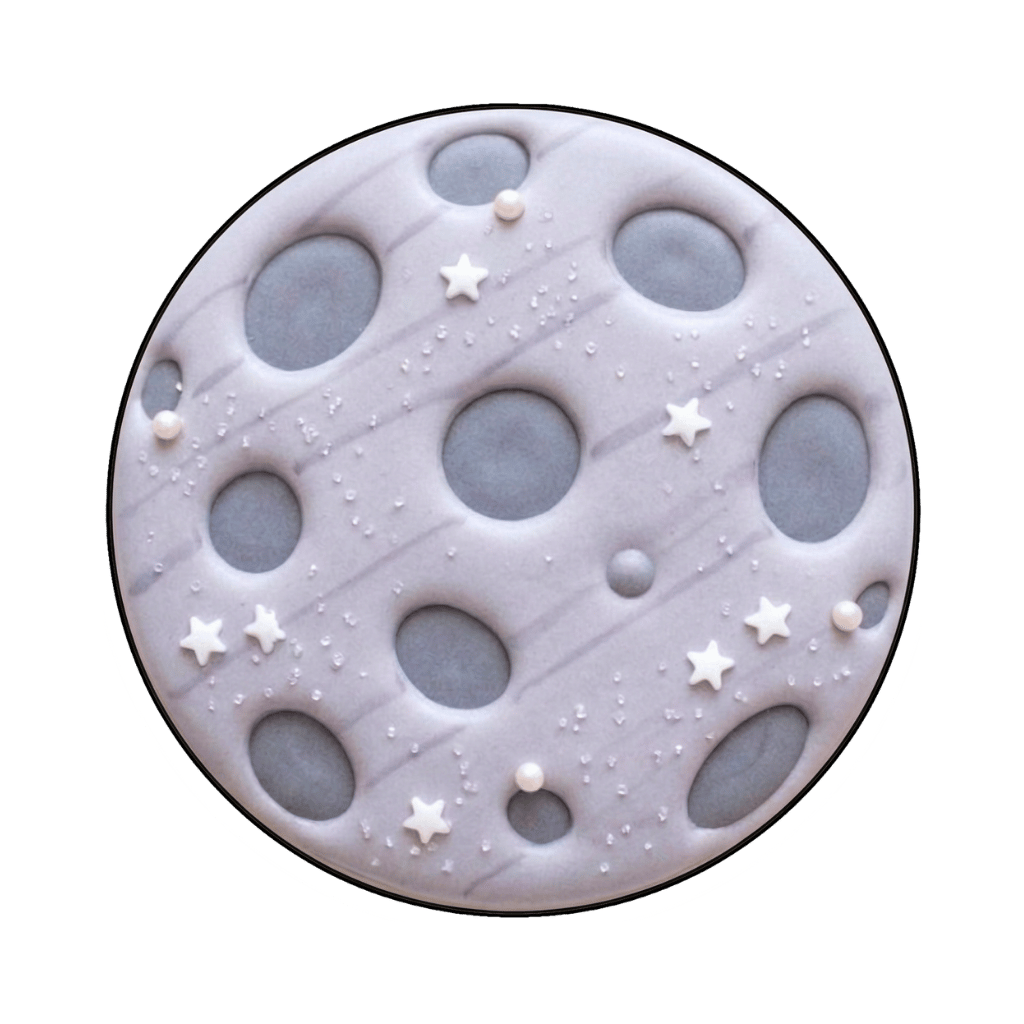 Round crater moon plaque cookie with gray lunar texture and tiny white stars