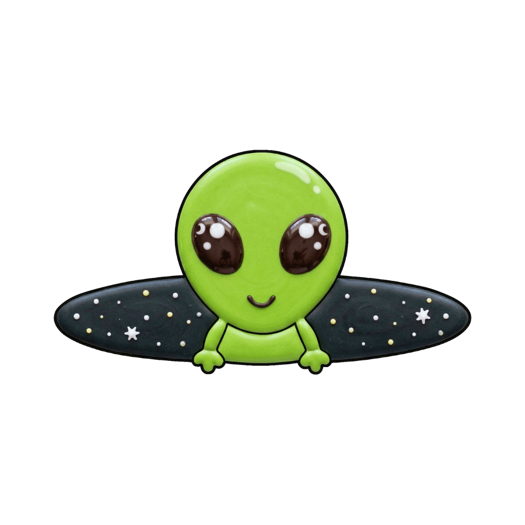 Bright green alien cookie peeking over a black star-speckled saucer with oversized glossy eyes