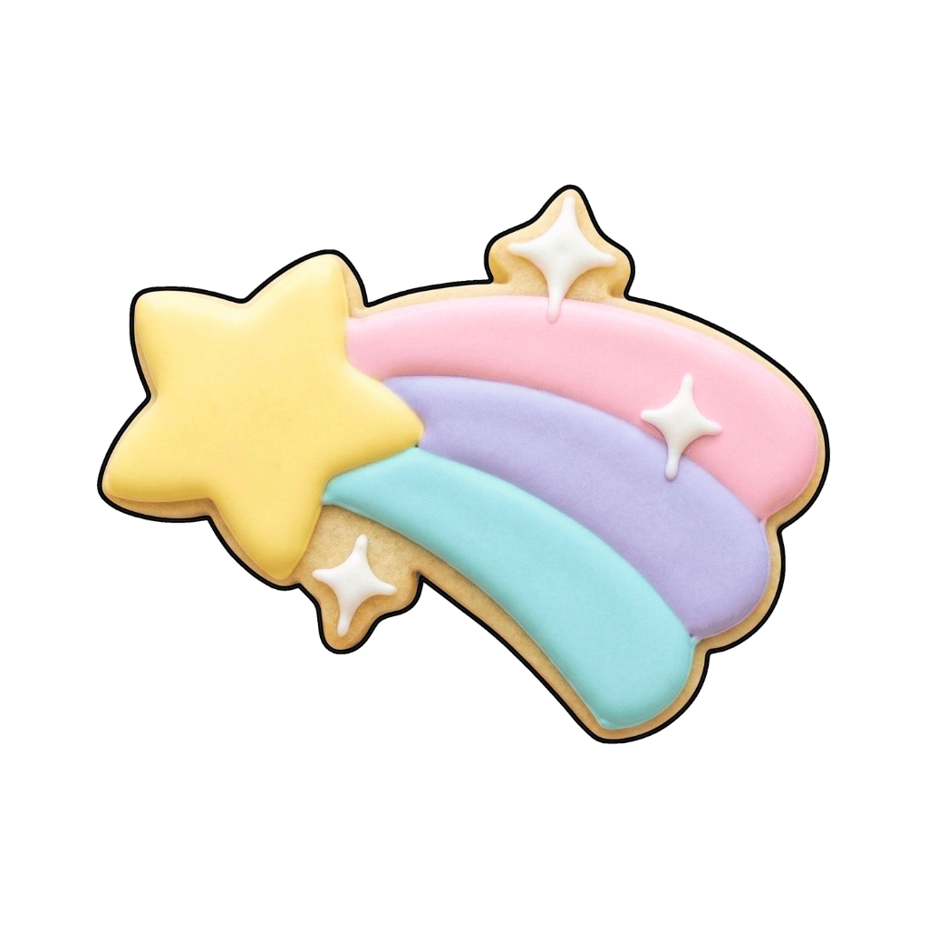 Pastel shooting star cookie with yellow star point and pink lavender and aqua rainbow trail