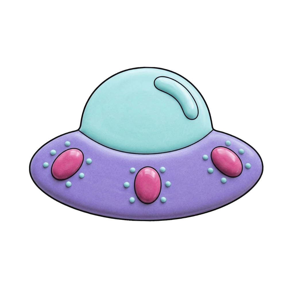 Pastel UFO cookie with a light aqua dome, lavender saucer, and pink oval accents