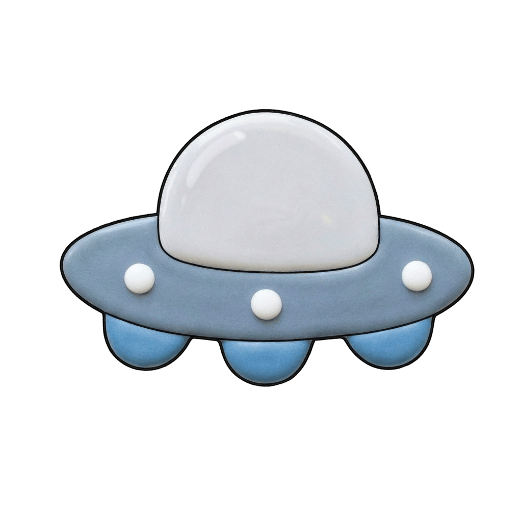 Powder blue UFO cookie with a glossy white dome and round white light accents
