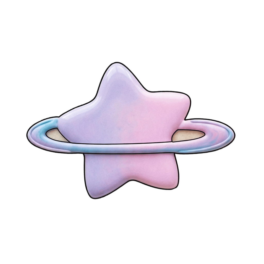 Pastel ringed star-shaped planet cookie with pink, lavender, and aqua blending