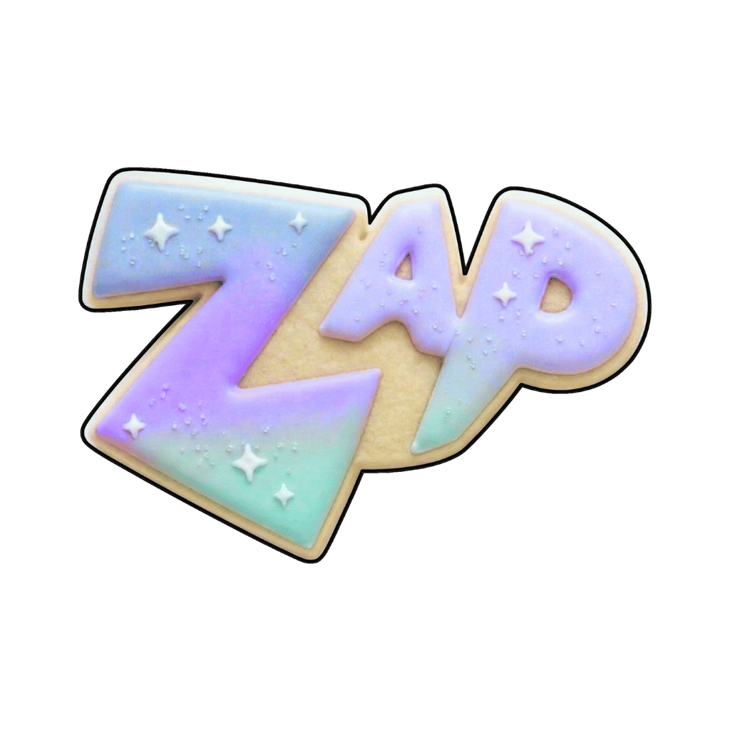 Pastel ZAP word plaque cookie with tiny white stars and gradient cosmic colors