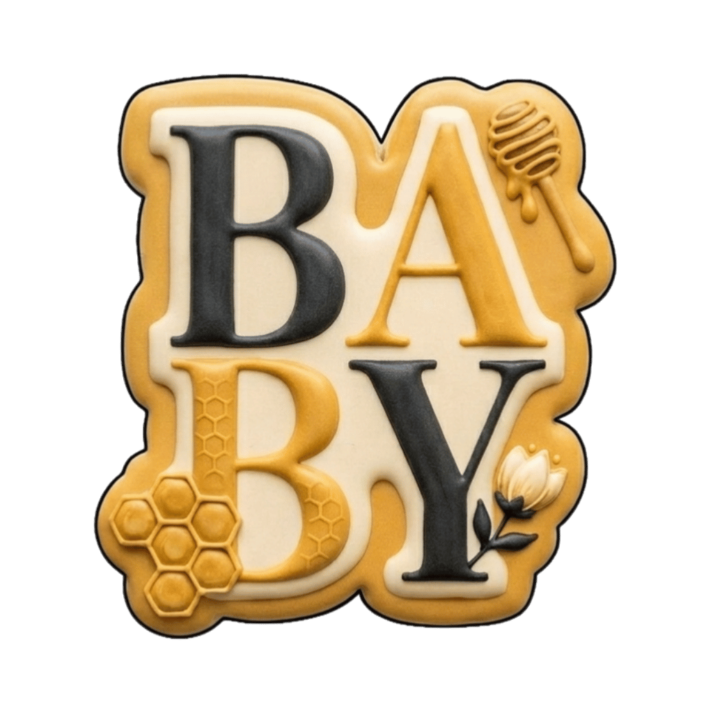 Scalloped baby plaque cookie with large BABY lettering, honey dipper detail, honeycomb accents, and a small white flower