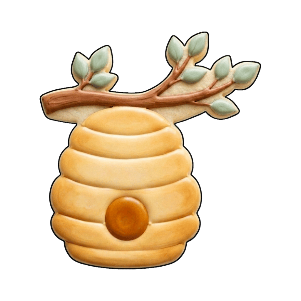 Beehive cookie hanging from a leafy branch with soft golden hive shading and a round hive opening