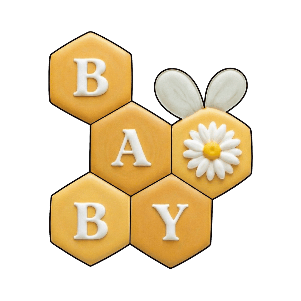 Honeycomb cluster cookie spelling BABY across golden hexagons with a daisy flower and bee wing detail