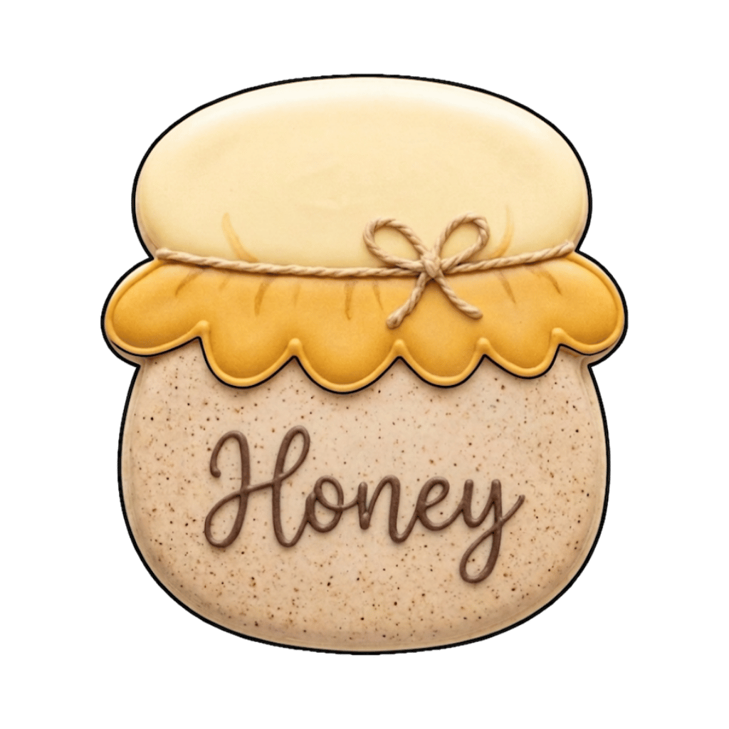 Speckled honey pot cookie with a golden lid tied with twine and the word Honey written in script