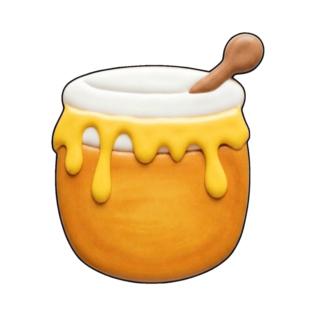 Rounded honey pot cookie with glossy yellow honey dripping over the rim and a small honey dipper resting inside