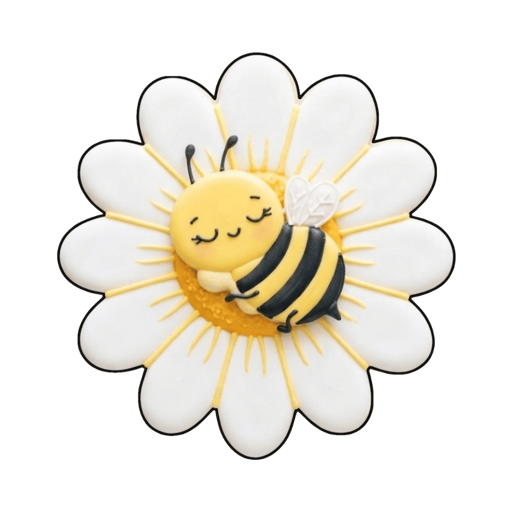 Large white daisy cookie with a sleeping striped bee resting over the yellow flower center