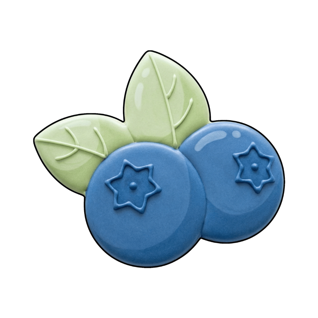 Pair of blueberry cookies with soft green leaves and small star-shaped blossom marks