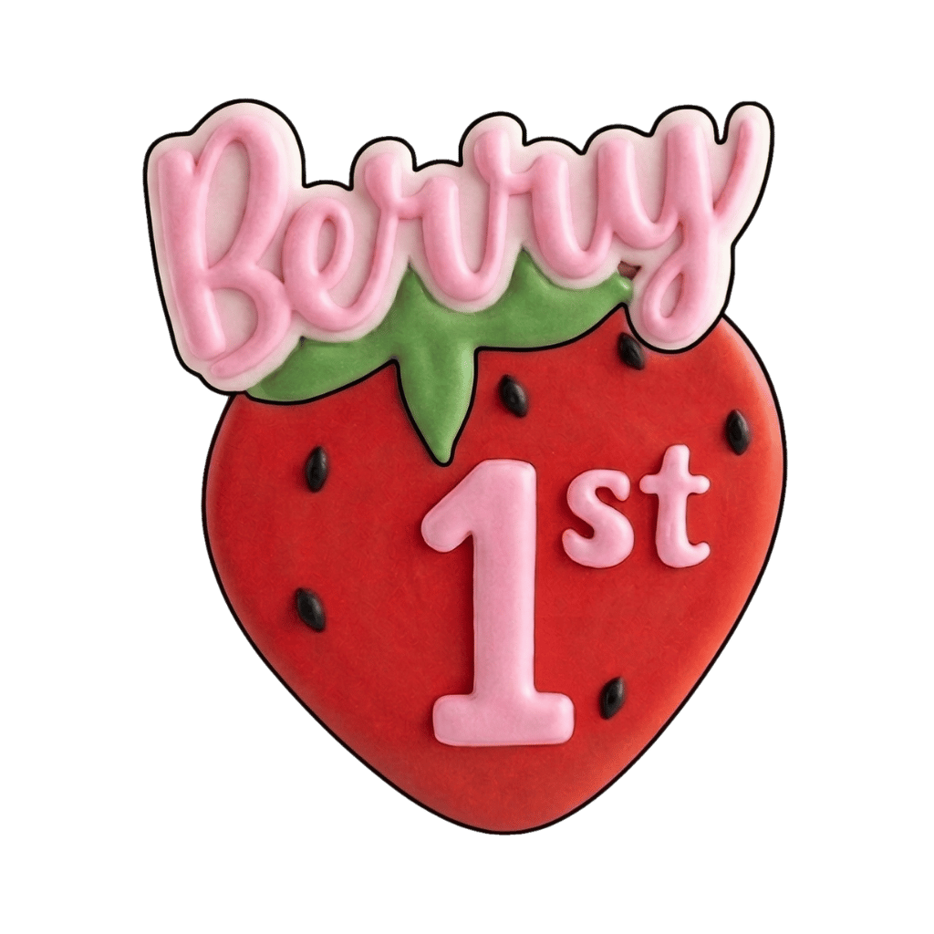 Strawberry-shaped cookie with pink Berry script and a large 1st milestone detail