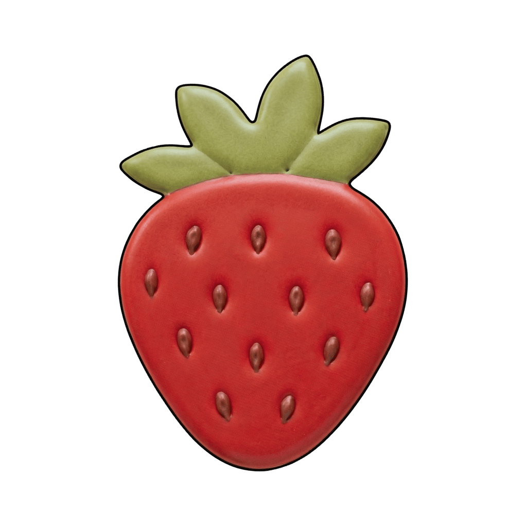 Simple red strawberry cookie with green leafy top and small brown seed details