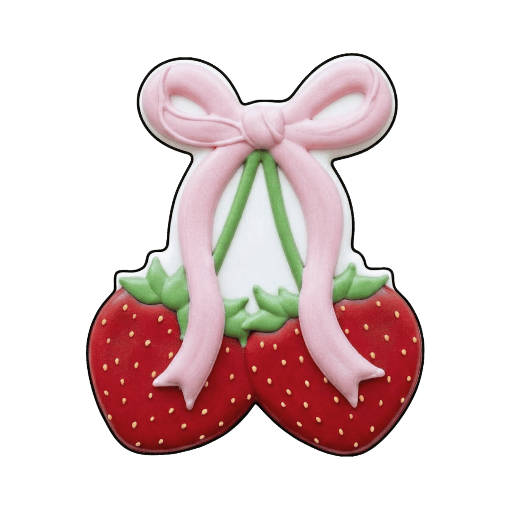 Pair of strawberry cookies topped with a large pink bow tied across the stems