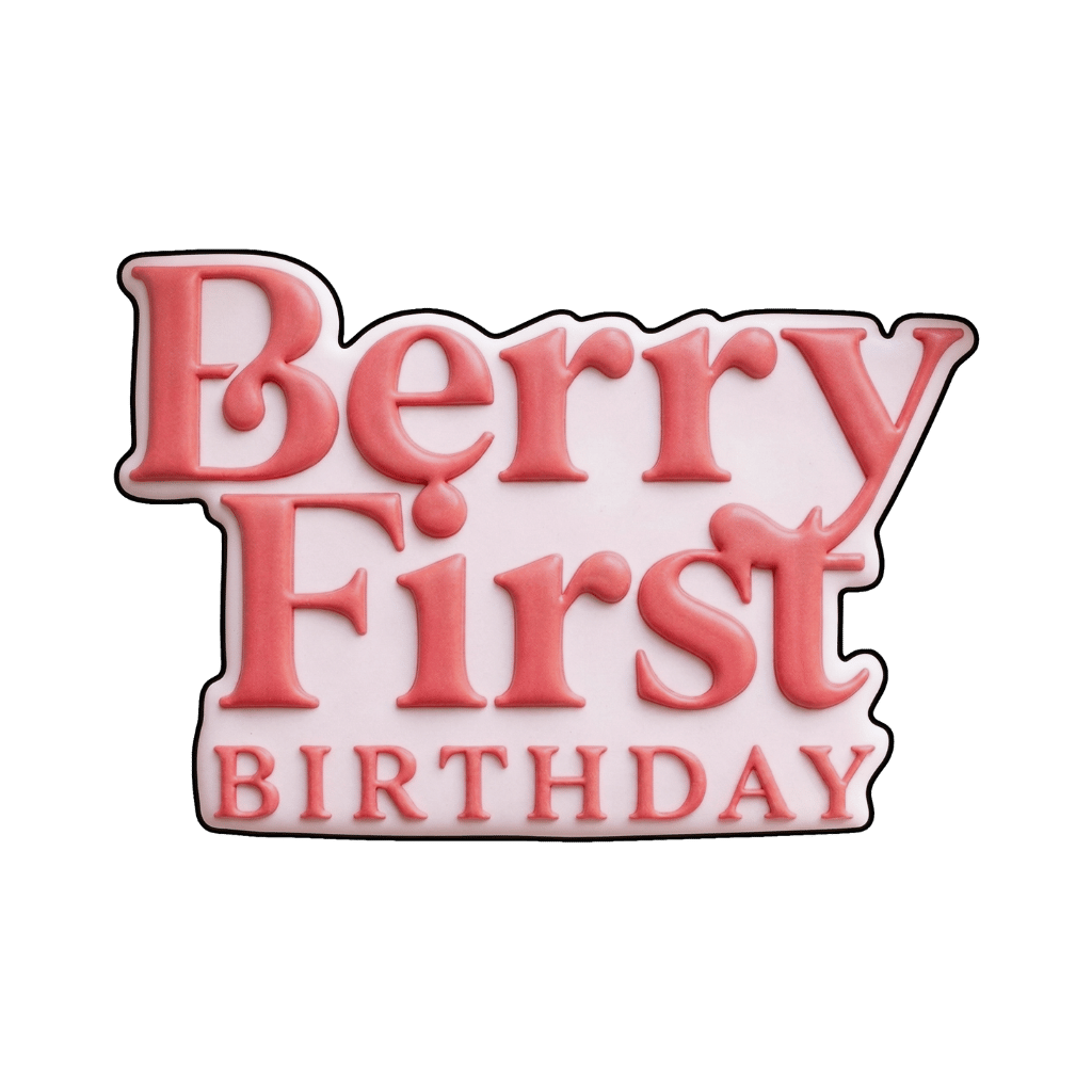 Statement plaque cookie with Berry First Birthday written in pink lettering