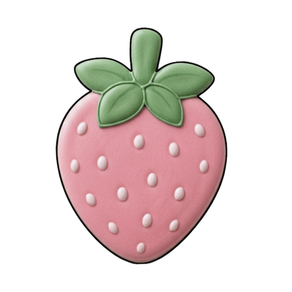 Soft pink strawberry cookie with green top and white seed details