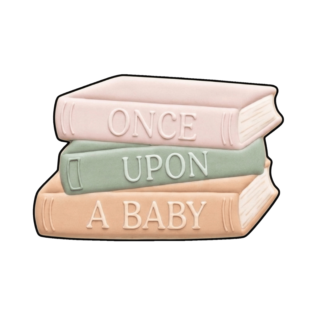 Stacked pastel books that read once, upon, and a baby