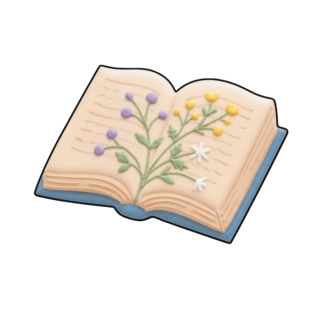 Open book cookie with soft florals and greenery across the pages