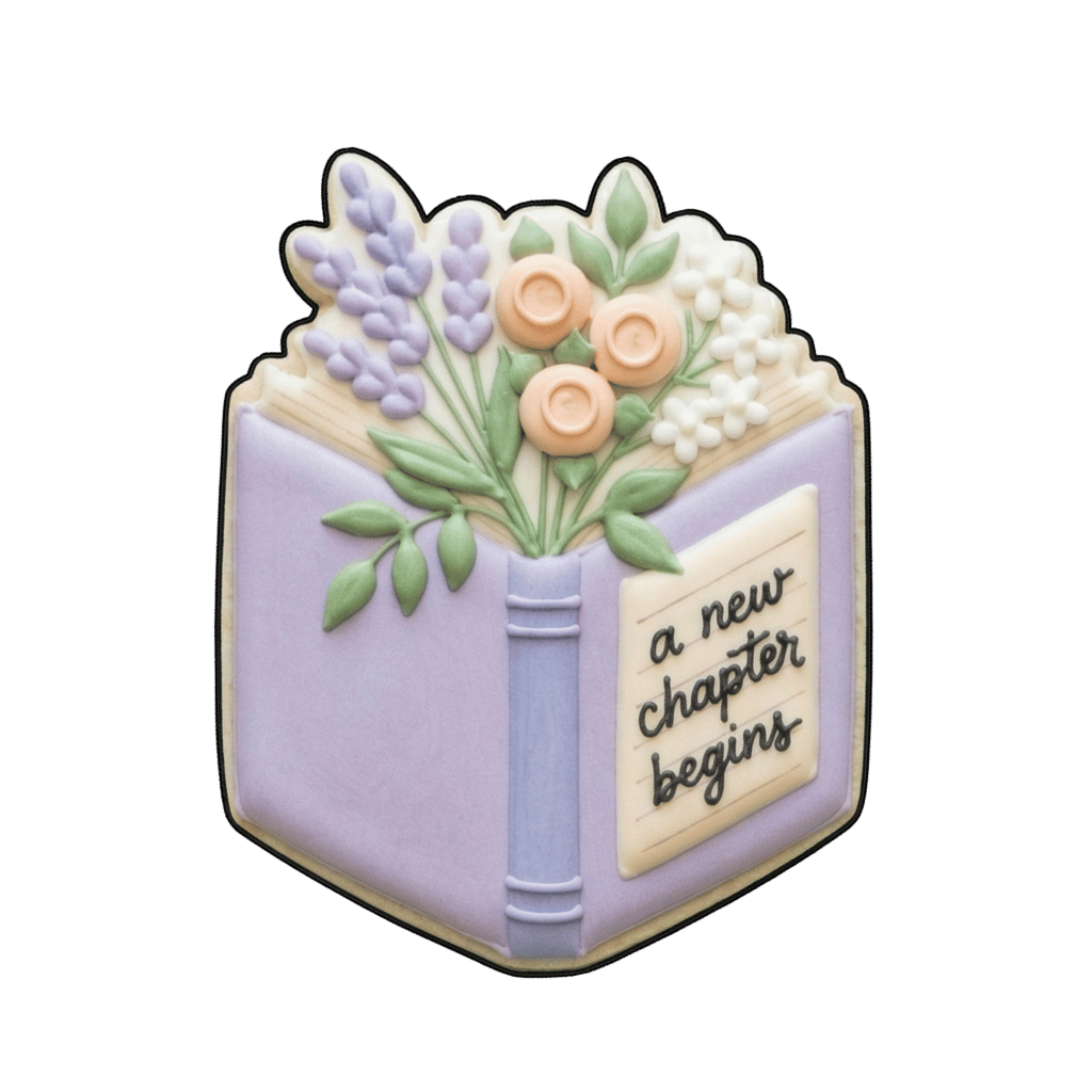 Lavender storybook cookie with flowers and the words a new chapter begins