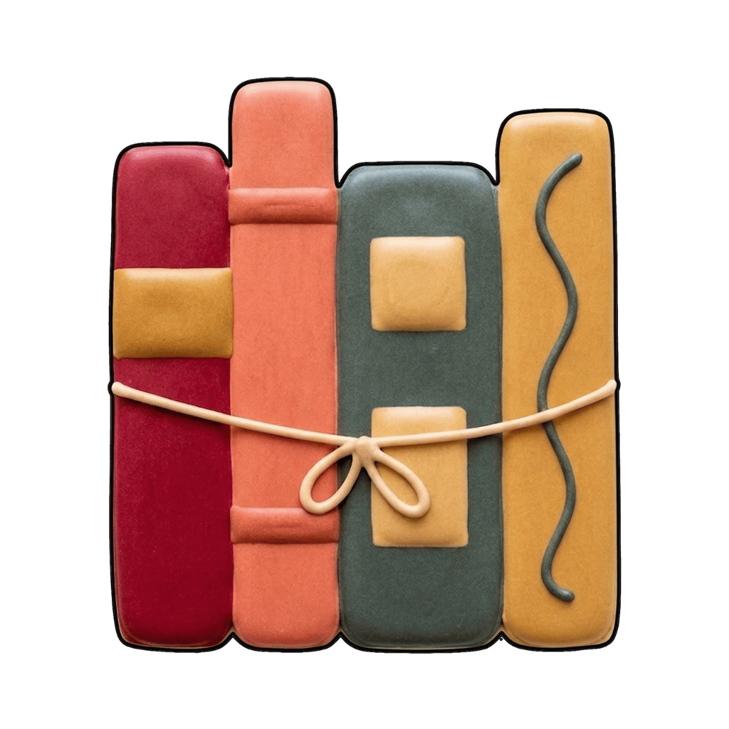 Stack of upright pastel books tied together with string