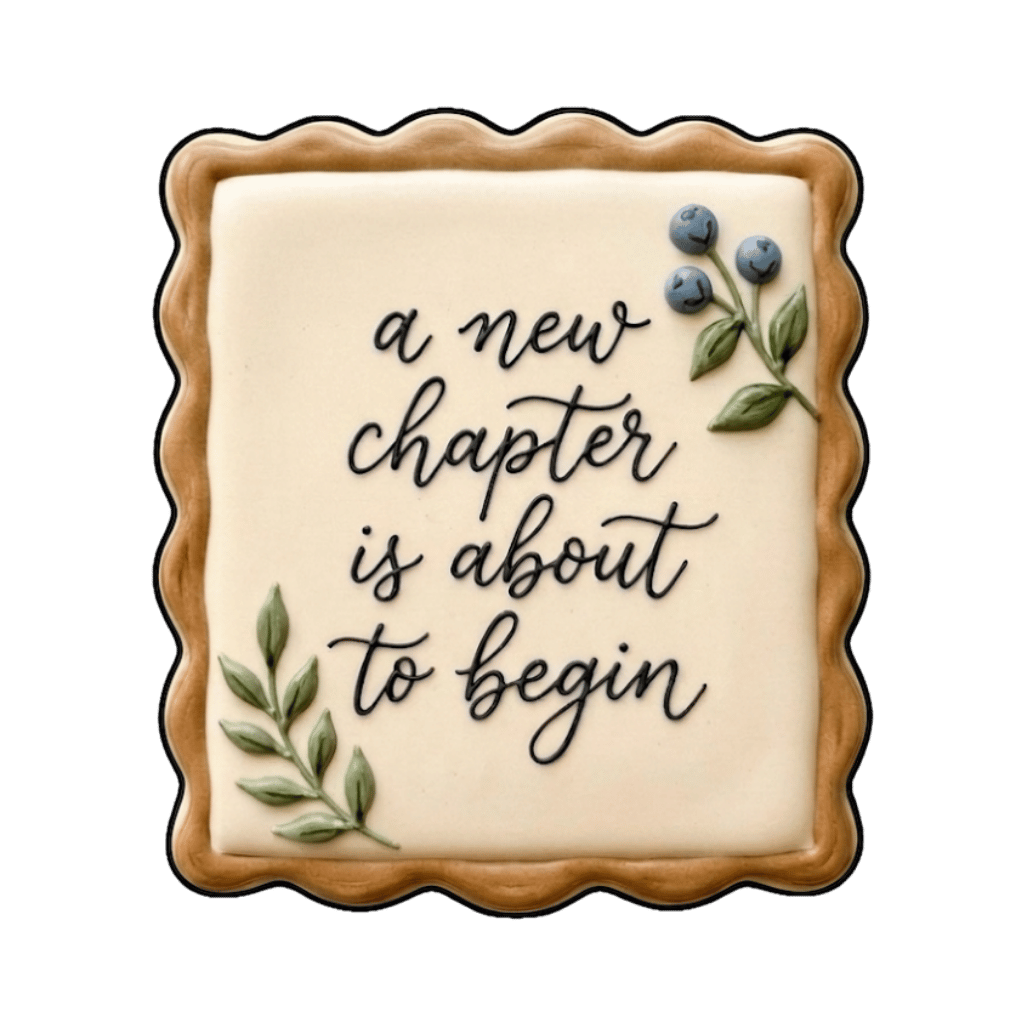 Scalloped plaque cookie with the phrase a new chapter is about to begin and small blue berries
