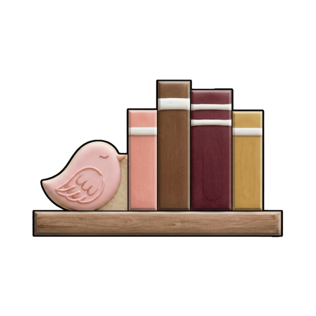 Bookshelf cookie with four upright books and a pink bird sitting at the end