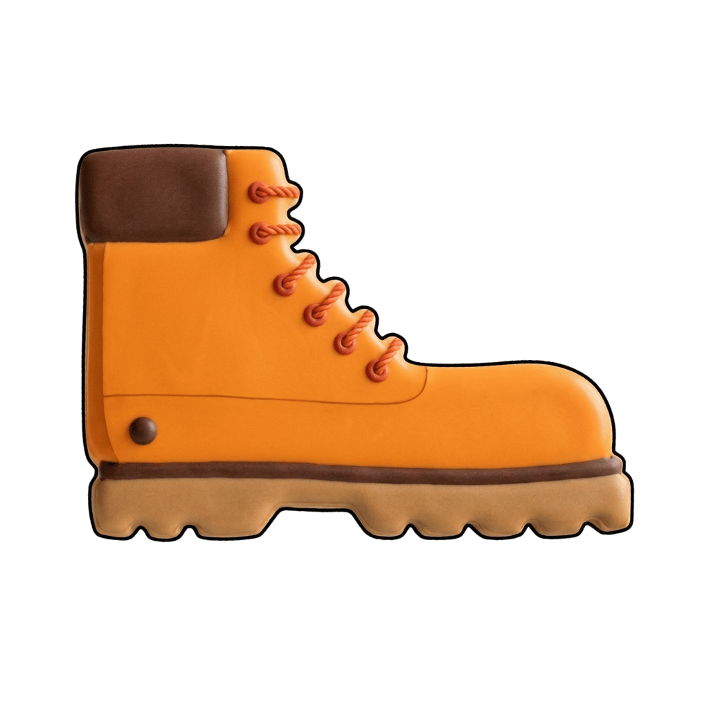 Orange construction boot cookie with brown toe and sole details
