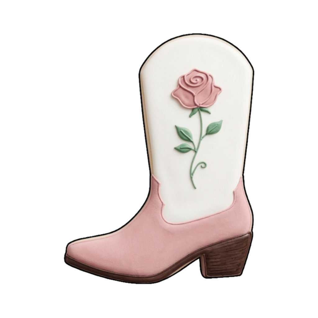 Pink cowgirl boot cookie with a rose on the shaft