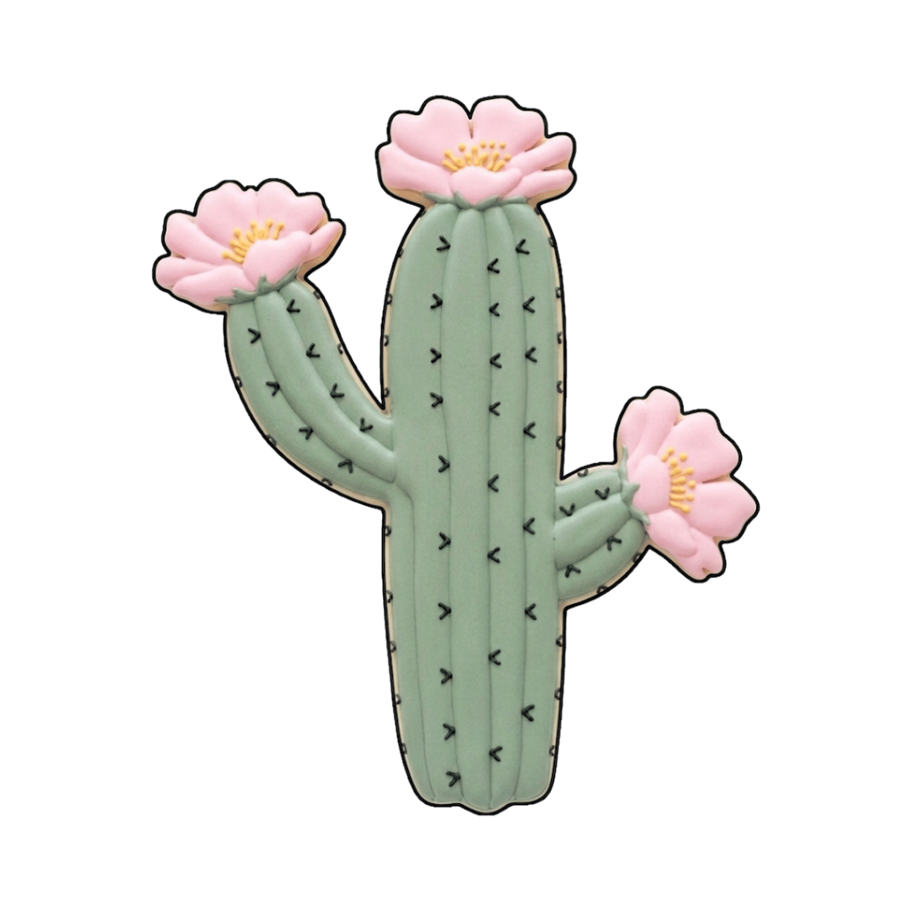 Mint cactus cookie with pink flowers