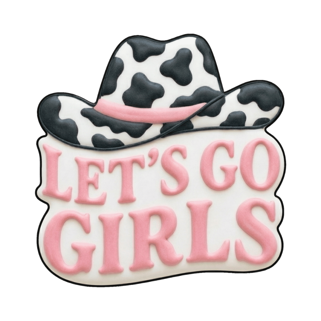 Plaque cookie with cow-print hat and the words Let's go girls