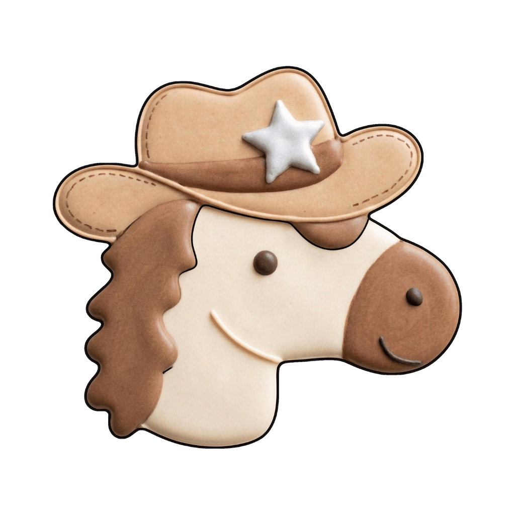 Horse head cookie wearing a tan cowboy hat with a star badge
