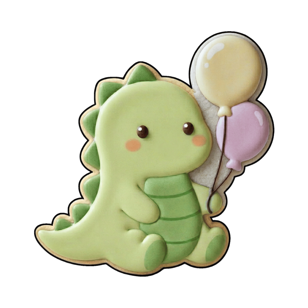 Green baby dinosaur cookie sitting beside yellow and pink balloons