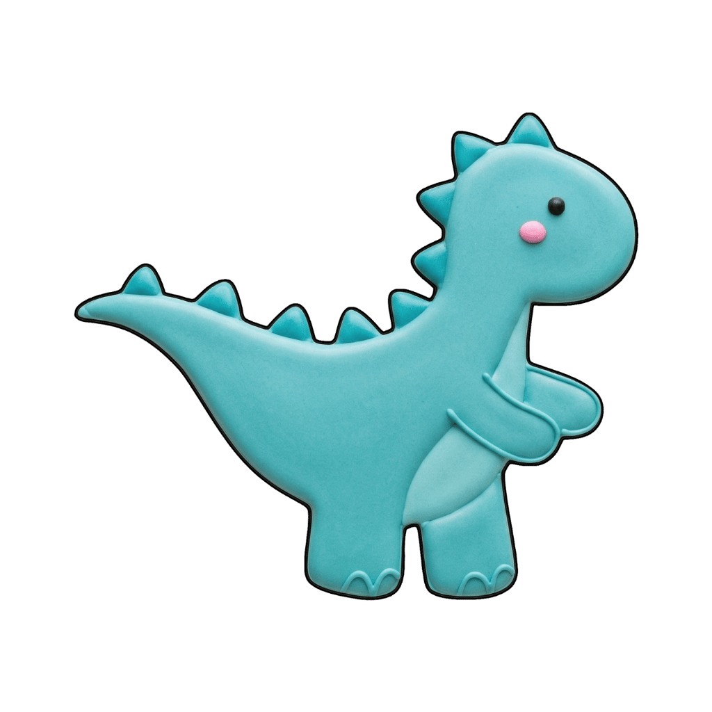 Bright blue cartoon dinosaur cookie with raised arms and teal spikes