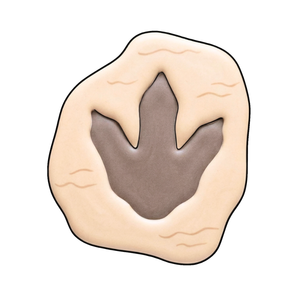 Stone-toned fossil footprint plaque cookie with a dark dinosaur track pressed into a sandy shape