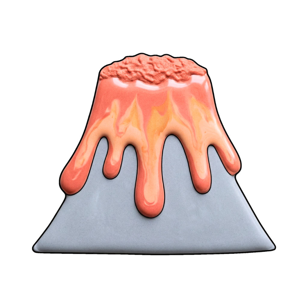 Blue-gray volcano cookie with glossy coral and peach lava flowing over the top