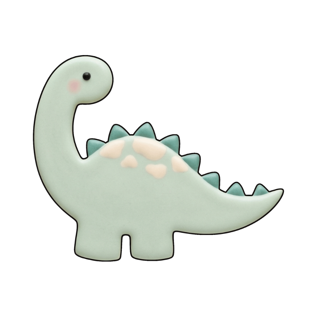 Mint long-neck dinosaur cookie with pale blush spots and soft teal spikes