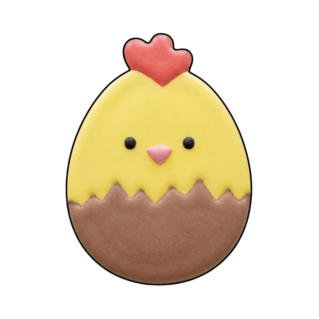 Easter egg cookie with a yellow chick hatching out of a cracked brown shell