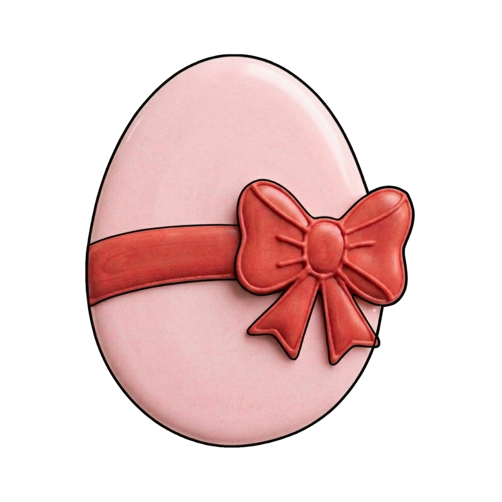 Pink Easter egg cookie wrapped with a red ribbon and bow detail