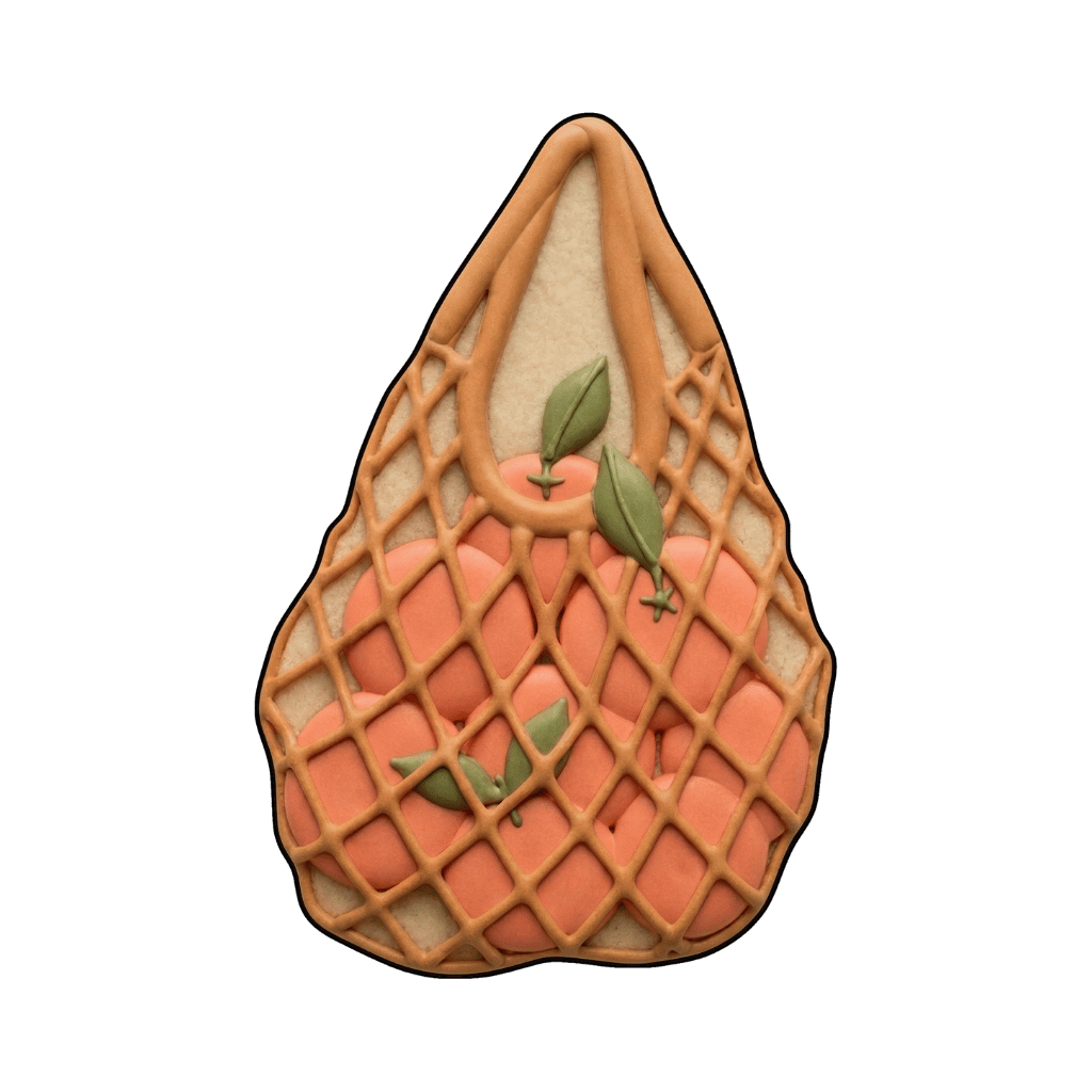 Mesh market bag cookie filled with peaches and green leaves