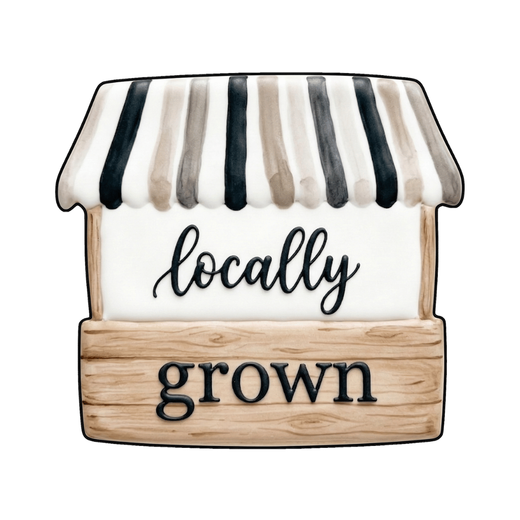 Farm stand cookie with striped awning and the words locally grown