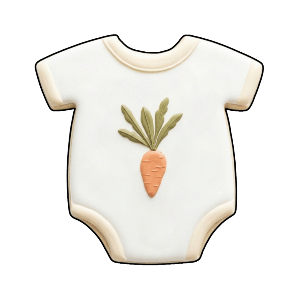 Baby onesie cookie with a small carrot in the center