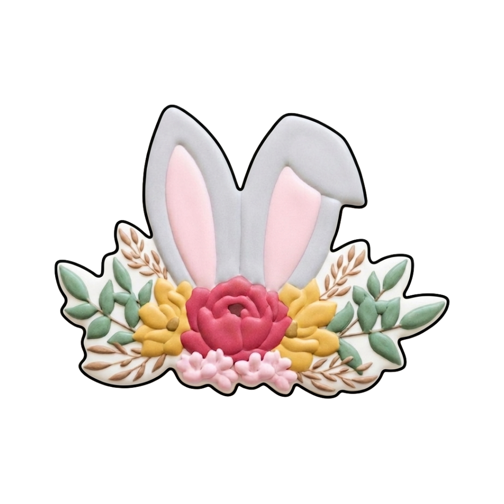 Floral bunny ears cookie with pink rose center, yellow blossoms, and eucalyptus leaves