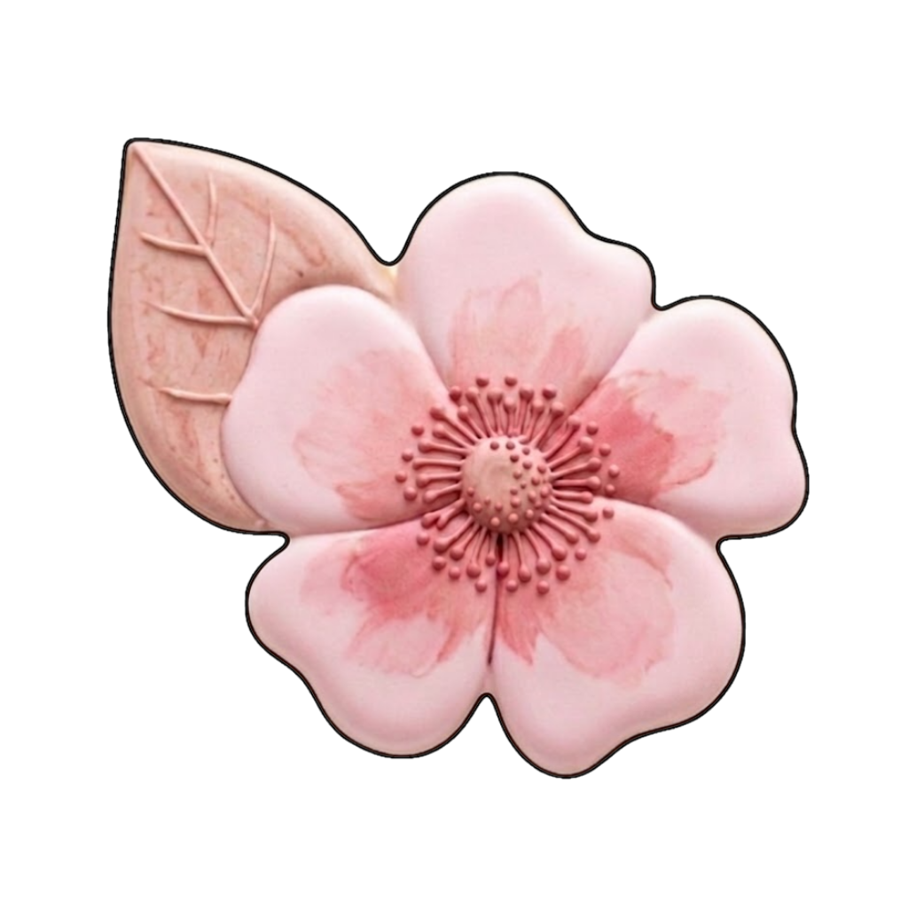 Soft pink blossom cookie with painted petals and one blush leaf accent