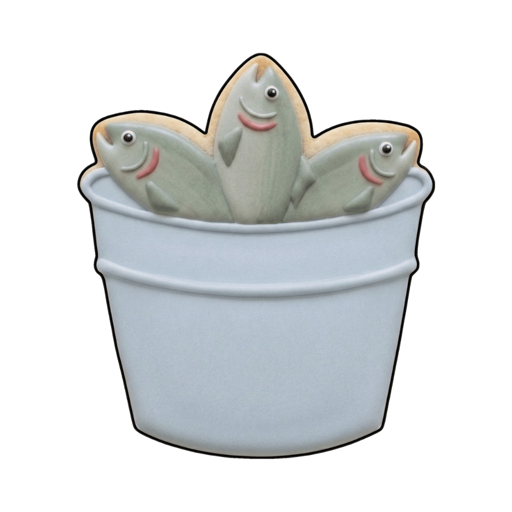 White bucket cookie filled with three pale green fish
