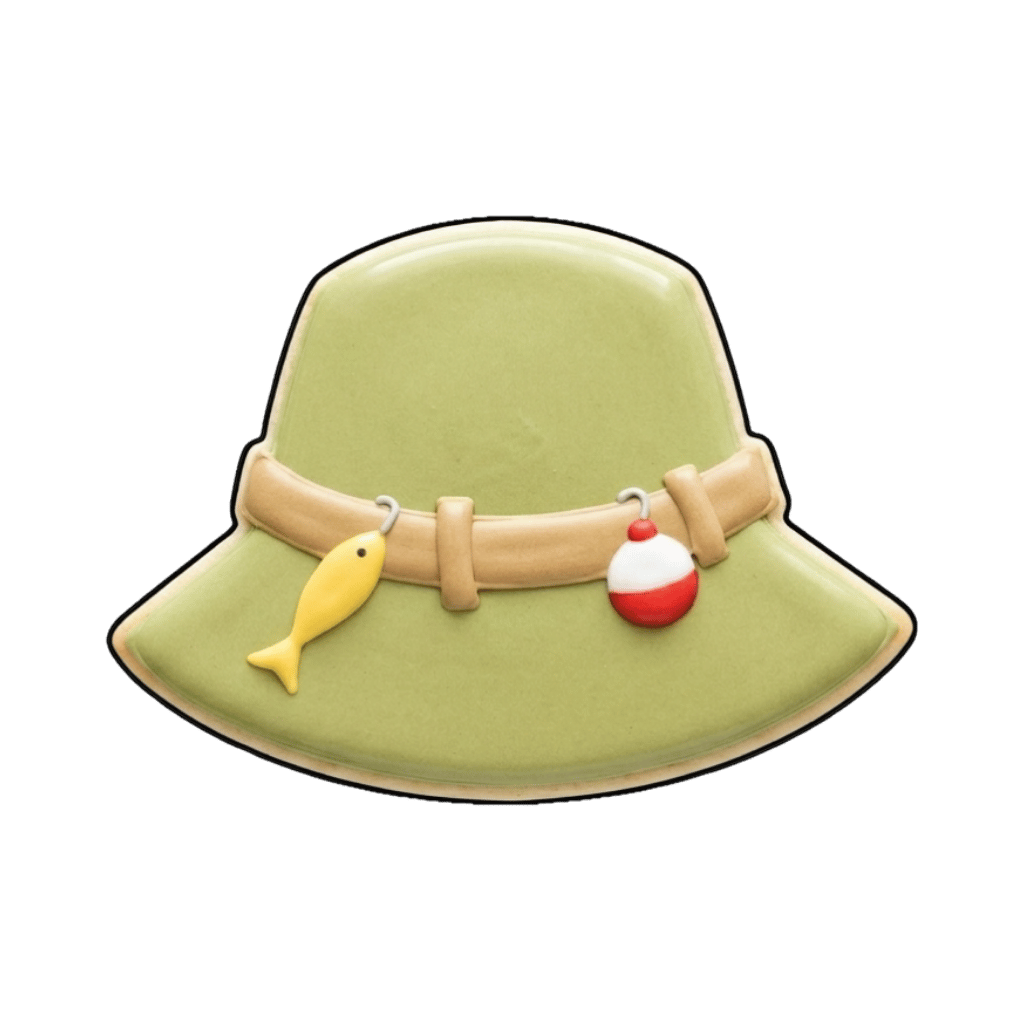 Soft green fishing hat cookie with a lure and a red bobber on the band