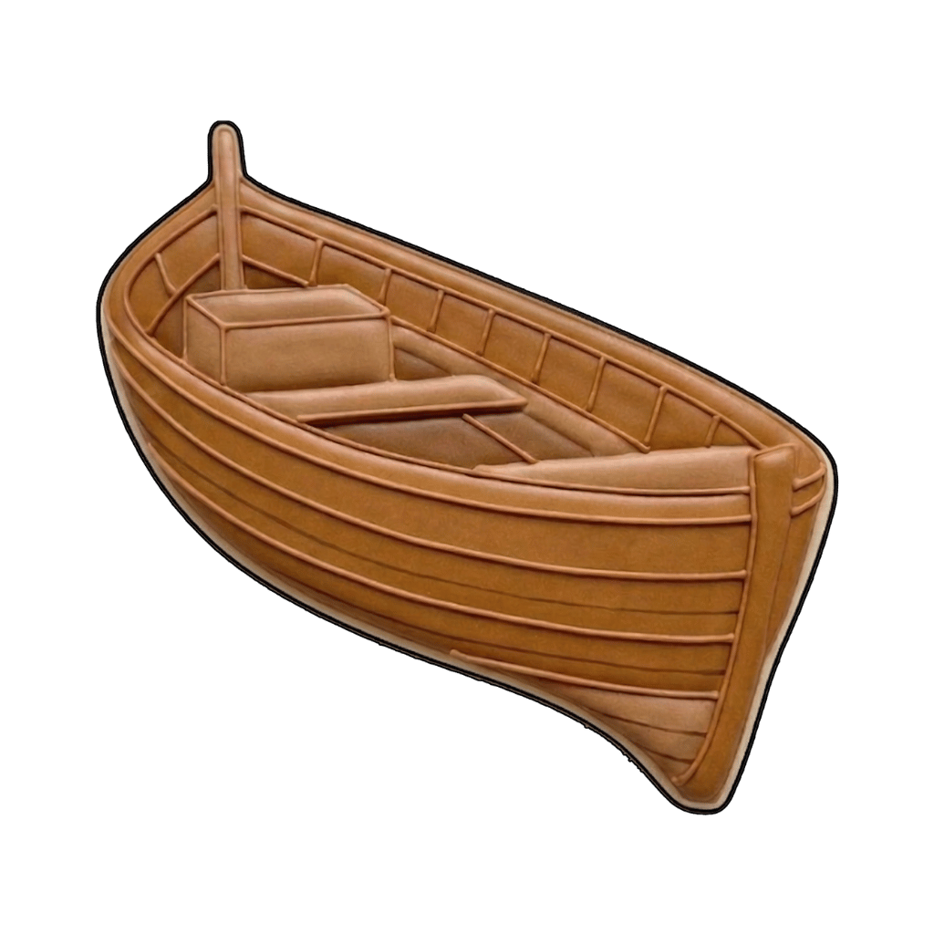 Brown wooden rowboat cookie viewed at an angle