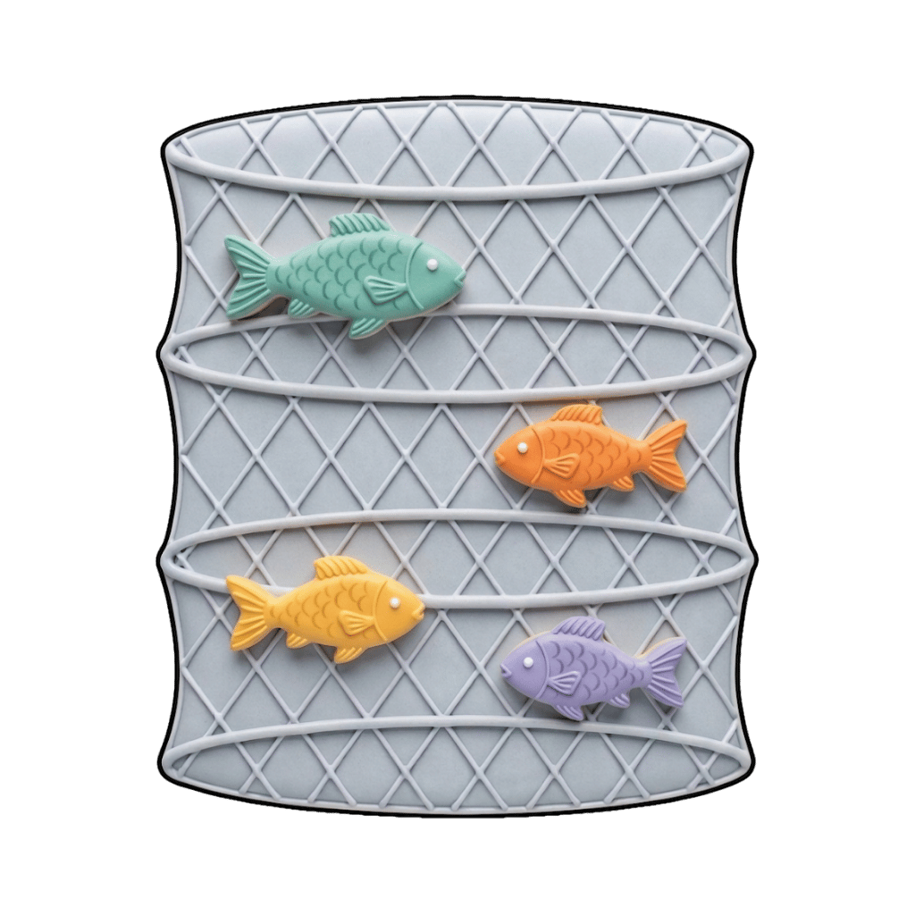 Blue fishing net cookie with four pastel fish in mint, orange, yellow, and lavender