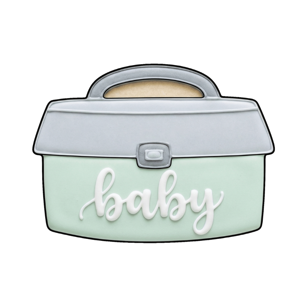 Mint and gray tackle box cookie with the word baby piped across the front