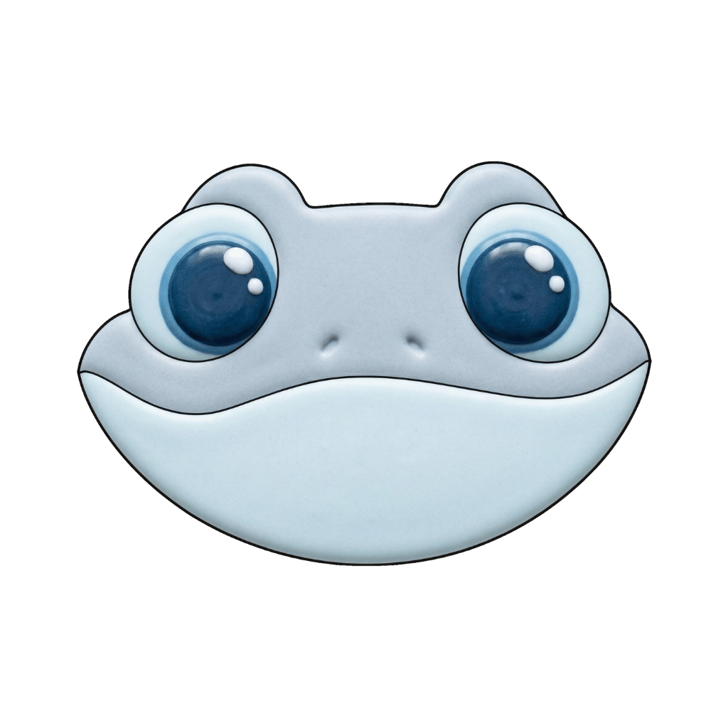 Blue gecko face cookie with oversized glossy eyes and a rounded smiling shape