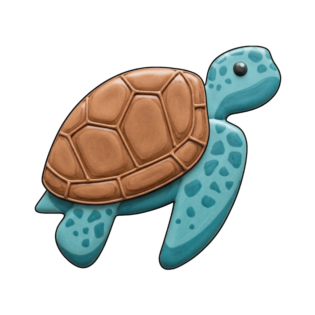 Blue sea turtle cookie with spotted flippers and a warm brown shell pattern